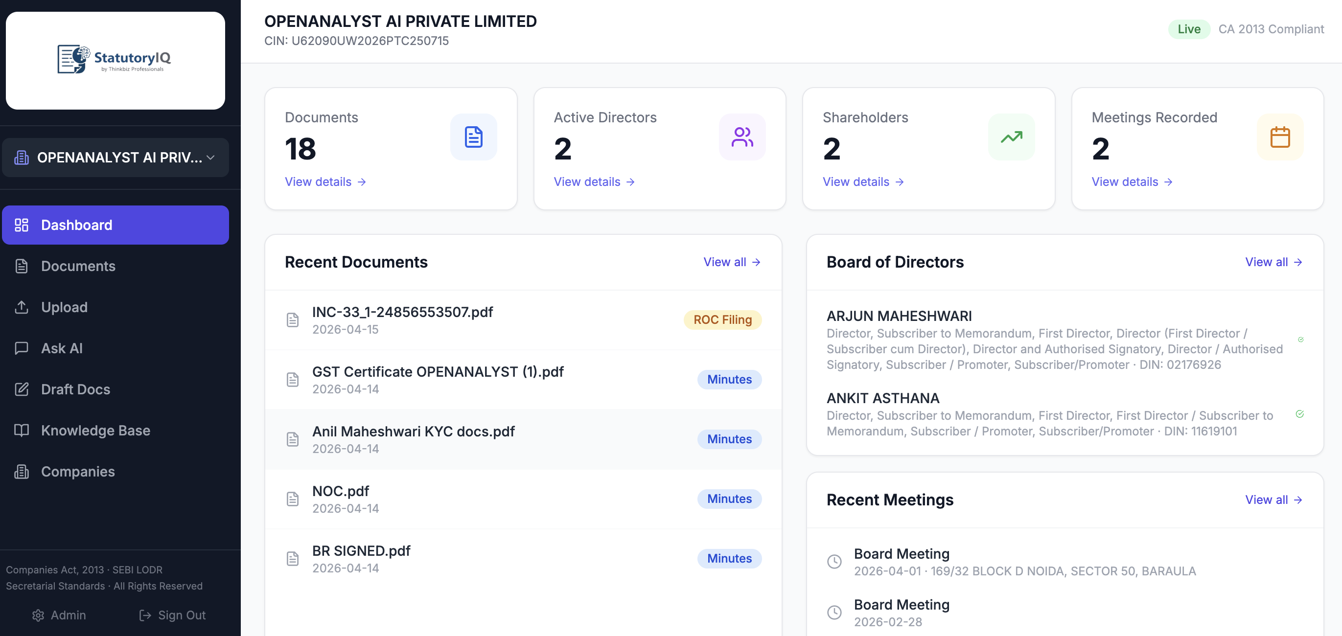 StatutoryIQ Dashboard — documents, directors and meetings overview