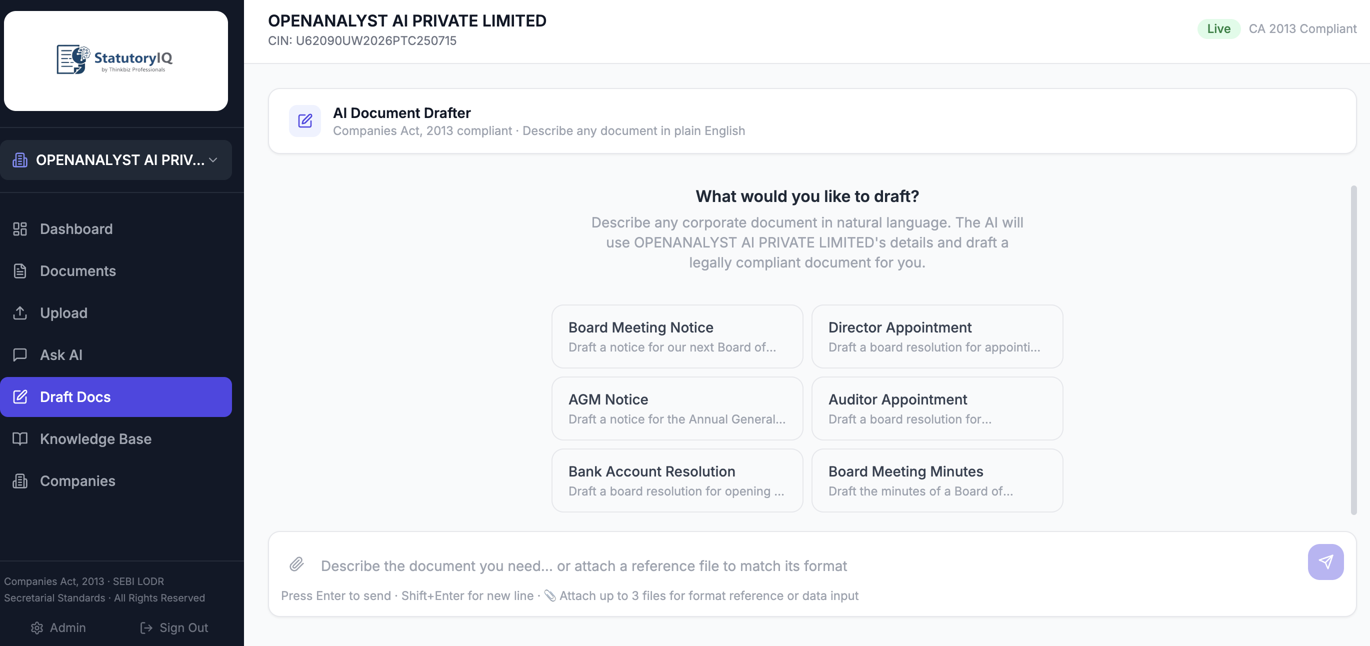 StatutoryIQ Draft Docs — AI document drafter for board resolutions